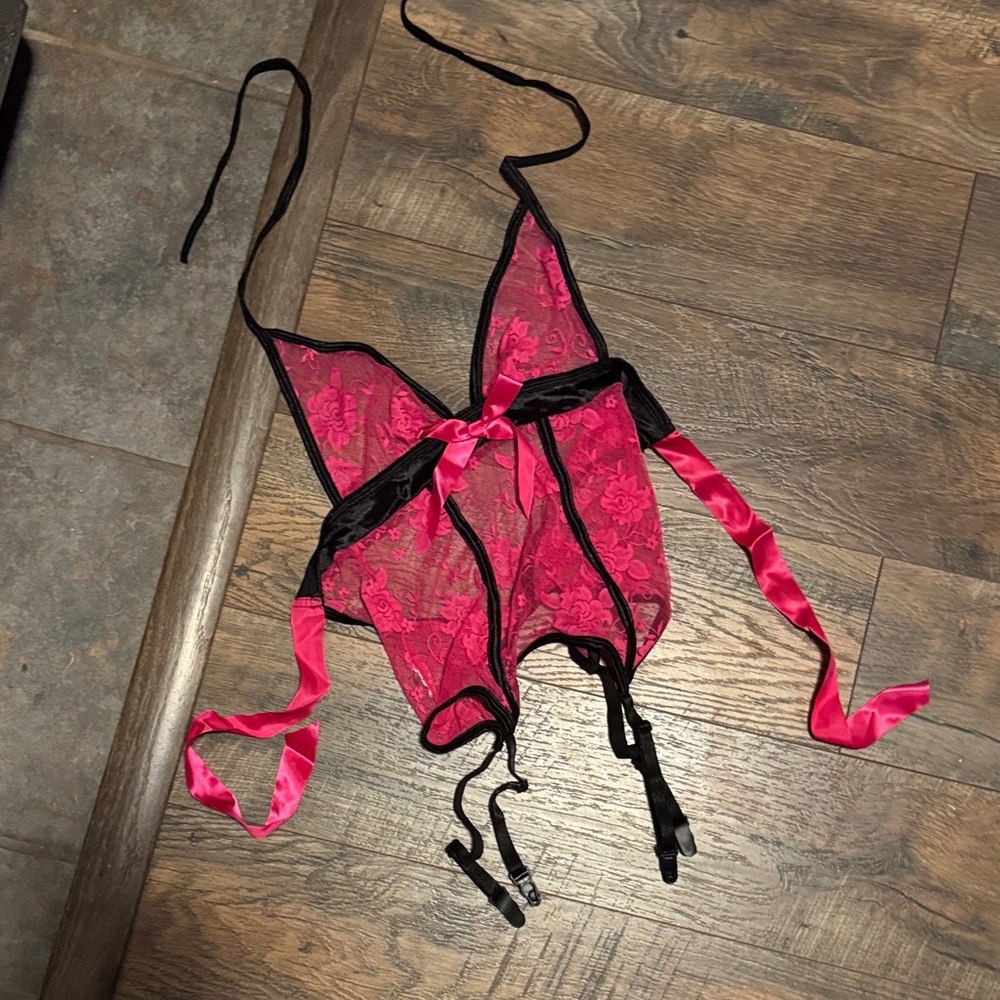 Hustler Hollywood Pink Lace Garter Lingerie with Black Trim